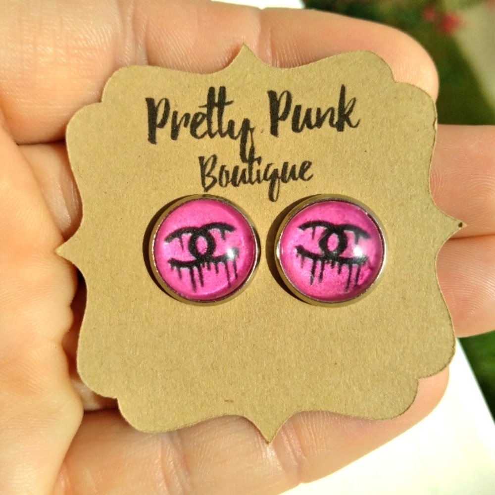 12mm Pink Art Stud Earrings,  100% Hypoallergenic Silver Stainless Steel Bezels